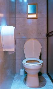 a pink toilet in a bathroom with a roll of toilet paper at Suite Encanto in Jericó +8 photos