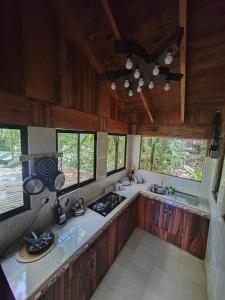 a kitchen with wooden walls and a ceiling with windows at Refugio del Bosque in Guácimo