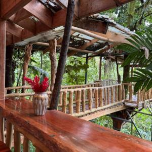 a vase sitting on a wooden bench with a bridge at Refugio del Bosque in Guácimo