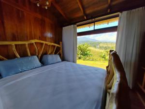 a bed in a room with a large window at Refugio del Bosque in Guácimo