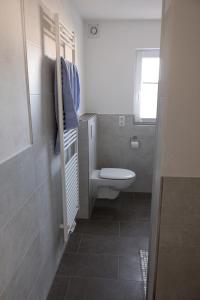 a small bathroom with a toilet and a sink at Ferienwohnung Naumann in Schotten +6 photos