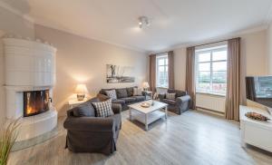a living room with a couch and a fireplace at Austernfischer in Westermarkelsdorf