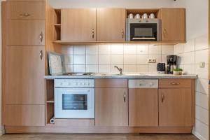 费马恩Knusthof Lafrenz - Nordwest的配有木质橱柜、水槽和炉灶的厨房