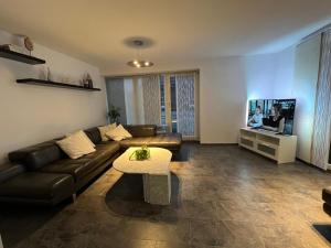 a living room with a couch and a tv at Isenbüttel Ferienwohnung in Isenbüttel
