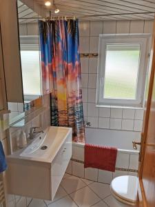a bathroom with a sink and a shower curtain at Haus Post in Todtnau +11 photos