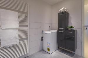 a small bathroom with a black refrigerator and a white at Ferienwohnung am Schlosspark in Bad Harzburg +6 photos