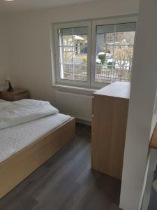 a bedroom with a bed and a window at Ferienhaus KaTi Whg1 in Knüllwald