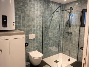 y baño con ducha, aseo y puerta de ducha acristalada. en appartement1, en Les Lilas 23 fotos más
