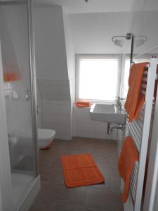 a bathroom with a shower and a sink and a toilet at Ferienwohnung Haus Glückauf in Kölpinsee