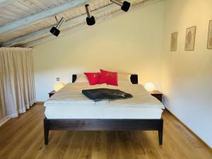 a bedroom with a large bed with red pillows at FeWo Staudinger in Irschenberg