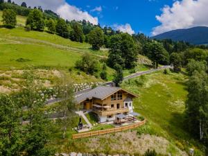 an aerial view of a house in a field at Chalet Huski Viehhofen in Saalbach Hinterglemm
