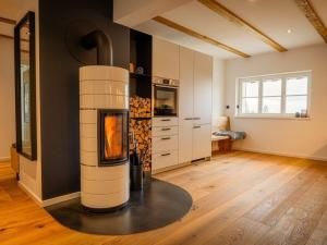 a living room with a fireplace in the middle at Look into the country Comfortable holiday residence in Kurort Bärenburg