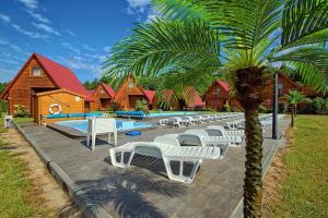 a pool with white chairs and a palm tree at Cottage in Jaros awiec near Seaside Beach in Jarosławiec