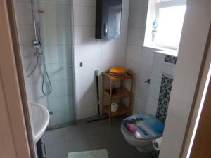 a bathroom with a shower and a toilet and a sink at At the Leaning Tower Comfortable holiday residence in Suurhusen +18 photos