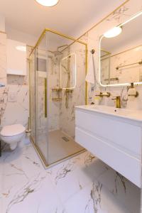 ブカレストにあるDaniela City Apartmentのバスルーム(ガラス張りのシャワー、トイレ付)