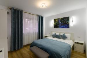 ブカレストにあるDaniela City Apartmentのベッドと椅子と窓のある寝室