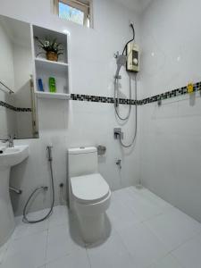 a bathroom with a shower and a toilet and a sink at Sea View in Meedhoo