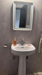 a bathroom with a white sink and a mirror at Vrinda stays in Chhatikara