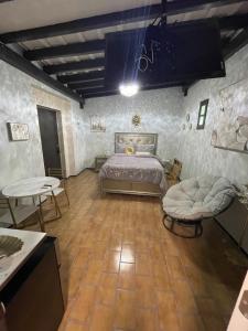 圣胡安The Suites & Vintage Apartment at Casa Of Essence in heart of Old San Juan的一间卧室，配有一张床、一张桌子和几把椅子