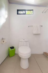 ein Badezimmer mit einem weißen WC und einem grünen Mülleimer in der Unterkunft Pozas y Cascadas La Presa in Río Cuarto