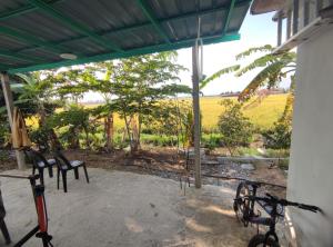 a patio with chairs and a view of a field at Homestay Schemumarc in Arau