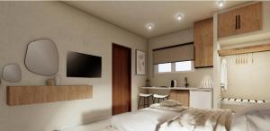 a bedroom with a bed and a kitchen with a tv at Mandani Villa Luxury Apartments in Limenas