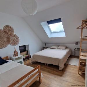 une chambre mansardée avec deux lits et une lucarne dans l'établissement Gîte Le Nid aux Papillons, à Palinges