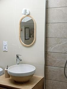 une salle de bains avec un lavabo et un miroir dans l'établissement Gîte Le Nid aux Papillons, à Palinges