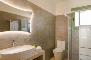 un bagno con lavandino, WC e specchio di Panagis Villa by Vintage Travel a Karavádhos Altre 23 foto