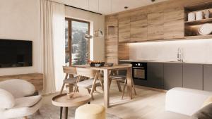 a kitchen and living room with a table and chairs at San Bernardino Alpine Apartments in San Bernardino
