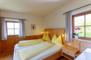 a bedroom with two beds and two windows at Appartments Moarhof in Vols am Schlern