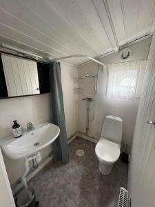 ein kleines Badezimmer mit Toilette und Waschbecken in der Unterkunft Cozy cottage in Stockholm Archipelago! in Muskö