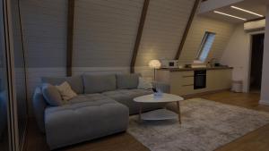a living room with a couch and a table at Air Cabin, Cabana tip A-frame in Șerani, Bihor in Şerani