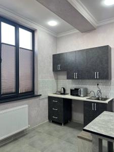 a kitchen with black cabinets and a counter top at Hostel Art Sergeli in Stantsiya Kyzyl-Tukumachi