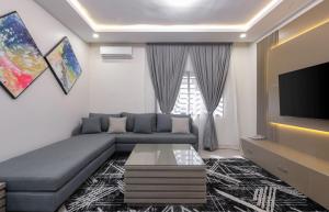 a living room with a couch and a tv at AIN Apartments in Abuja