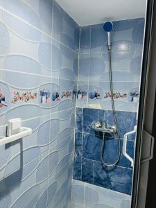 y baño con ducha de azulejos azules. en Dar Beldi, en Marrakech