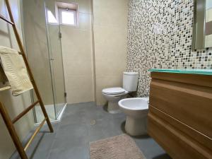 a bathroom with a toilet and a glass shower at Pombinhos Douro in Peso da Régua