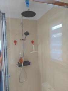 una ducha con cabezal de ducha en un baño en Le petit Bachelet - Chalet tout confort à la mer, en Plérin 14 fotos más