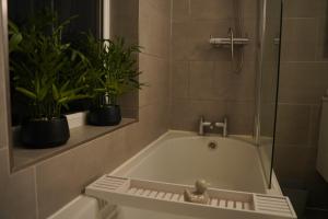 a bathroom with a bath tub with two potted plants at Harborne Park House in Birmingham