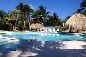 a large swimming pool with trees and palm trees at South End Villas - Colombian Caribbean Apartments in San Andrés