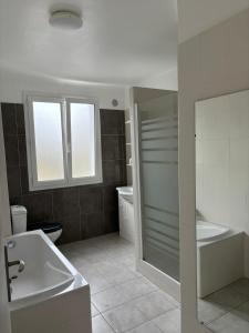 a bathroom with a tub and a toilet and a sink at Maison Alfred in Brive-la-Gaillarde