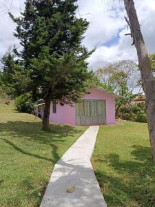 a pink house with a tree and a sidewalk at Villas Panorama Sol in Chachagüí