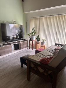 een woonkamer met een grote flatscreen-tv bij Linda in Mar del Plata