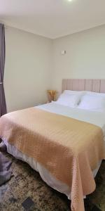 a bedroom with a large bed with a blanket on it at Hotel Brasil T Sensacional PREMIUM in Fortaleza