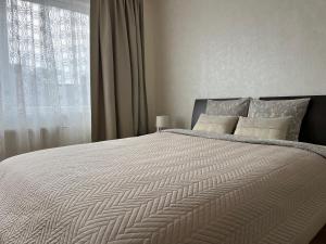 Un dormitorio con una cama grande con una ventana grande. en Maxima apartments, en Daugavpils
