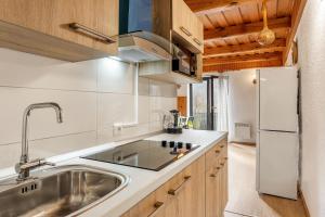 une cuisine avec un évier et un réfrigérateur dans l'établissement Urban Escape Cottage, à Ljutomer