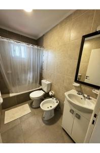 a bathroom with a toilet and a sink and a mirror at Departamento zafiro con cochera a 100mts del Shopping y el Puerto in Santa Fe