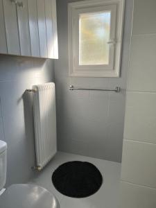 a bathroom with a toilet and a window and a rug at The Lemon Garden in Doukádes