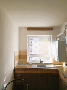 a kitchen with a sink and a window at RAD Residence in Braşov