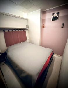 een klein bed in een kleine kamer met roze muren bij Centre ville Appartement 4 personnes in Cauterets +2 foto's